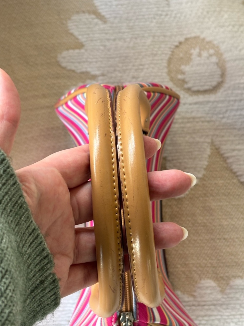 Striped Pink Multi-Color Canvas Satchel with Tan Handles - Picture 6 of 12